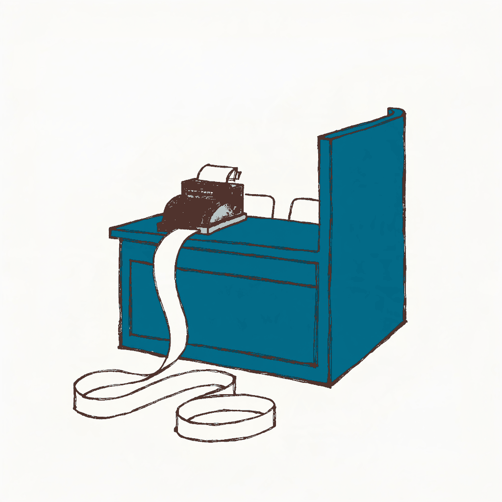 A hospital reception counter with an adding machine and a long paper tape spilling onto the floor