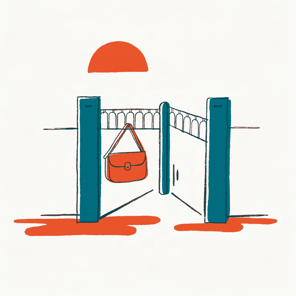 A school gate at dusk with a single satchel hanging from the railing
