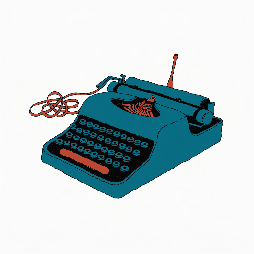 An old typewriter with one key hammer stuck upright and the ribbon spilling out