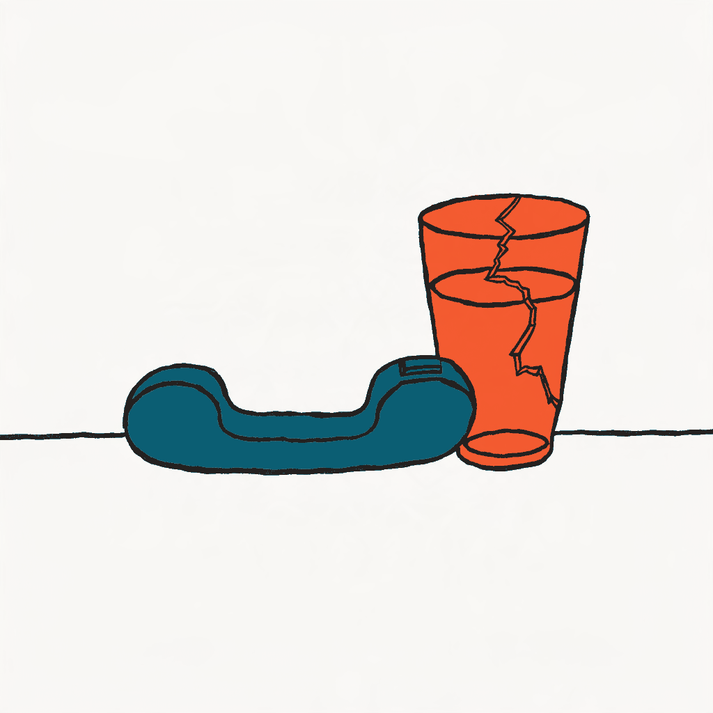 A phone lying face down on a table beside a cracked drinking glass