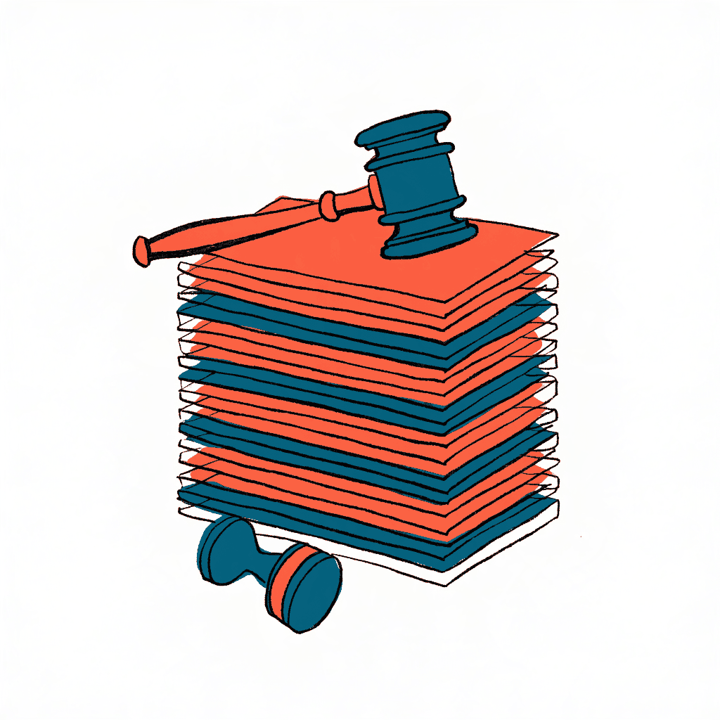 A gavel resting on a stack of blank forms with an ink stamp beside it