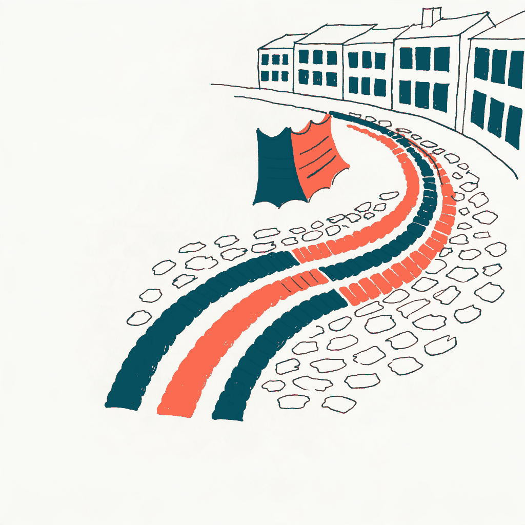 Heavy tyre tracks pressed across the cobbles of a town square, a market stall folded up at the edge
