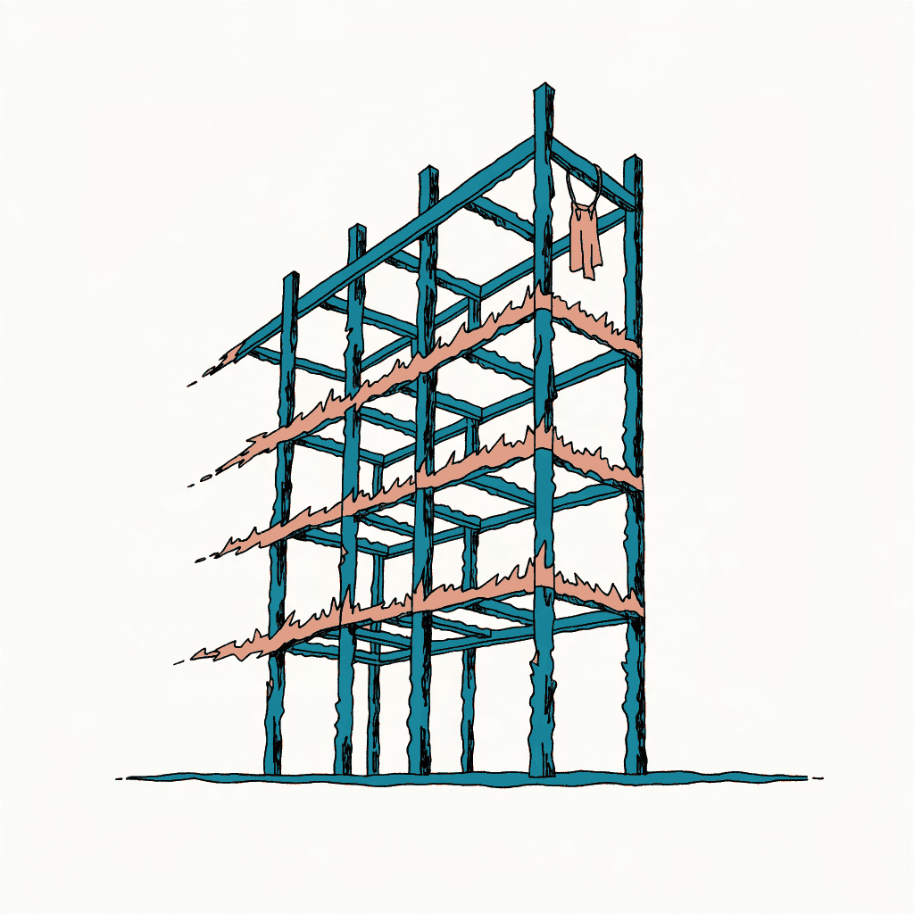 The scorched steel frame of a half built building with a scaffolding tag still tied to it