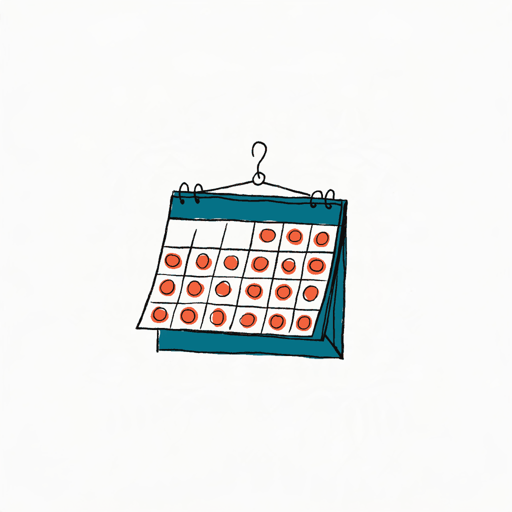 A wall calendar with every future date circled in red
