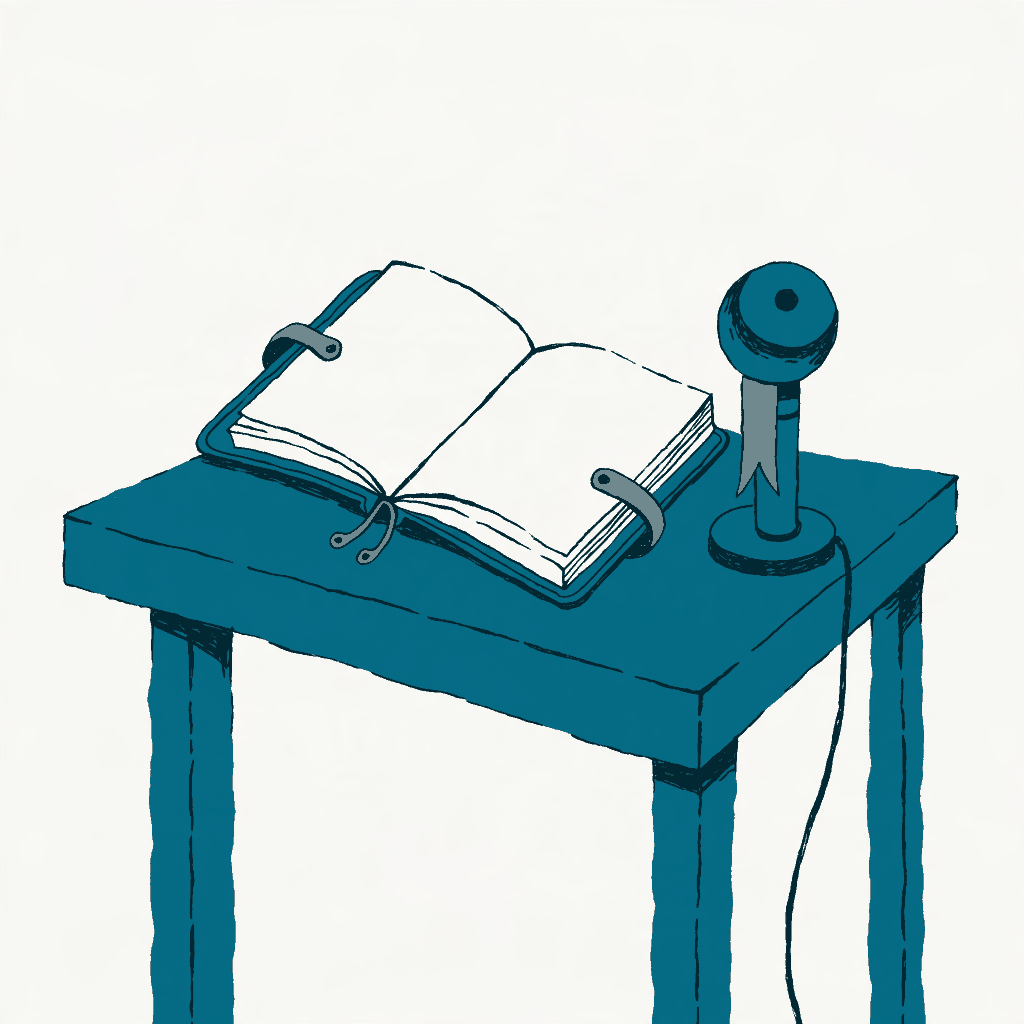 A leather diary open on a hearing table beside a microphone with its ribbon marker hanging out