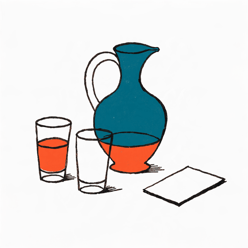 A hearing room water jug with two glasses, one full and one empty, and a blank card face down