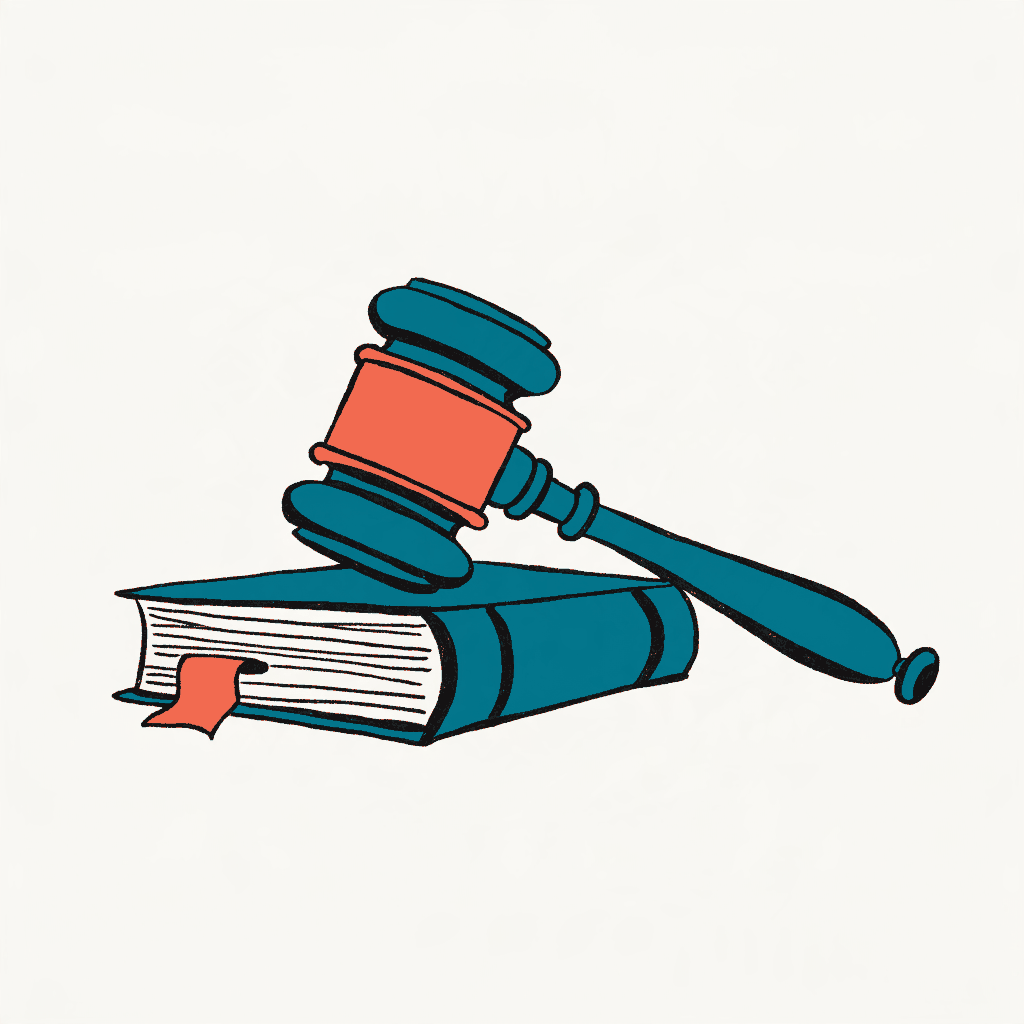 A gavel resting on a thick binder with one page flagged by a paper tab