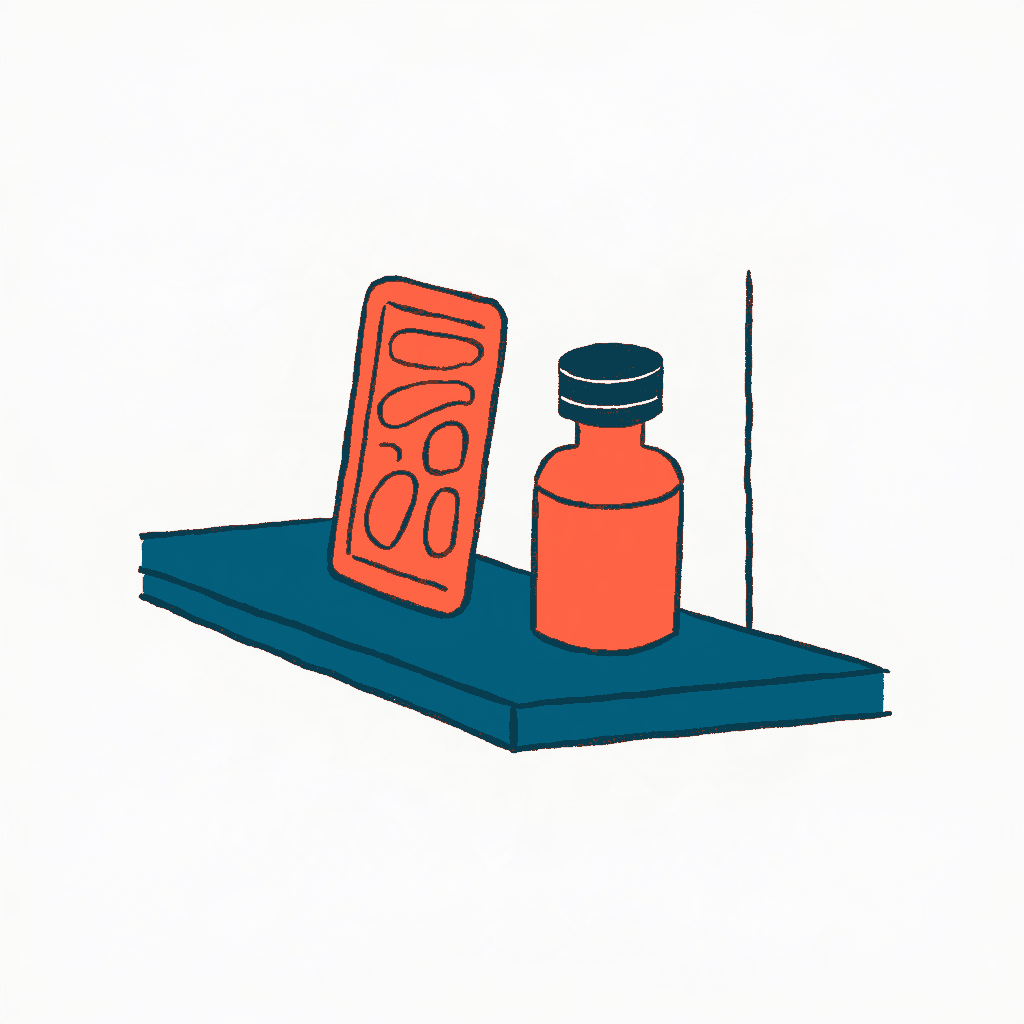 A pharmacy shelf holding a single bottle beside a hand lettered price card