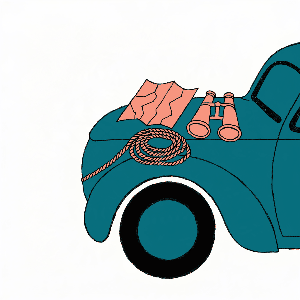 A pair of binoculars and a coiled length of rope resting on the bonnet of a parked car beside a folded street map