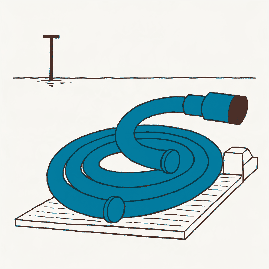 A coiled water cannon nozzle on a truck bed with a border post in the distance