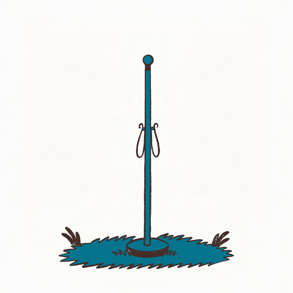 A flagpole on a lawn with two empty lanyard clips and no flag