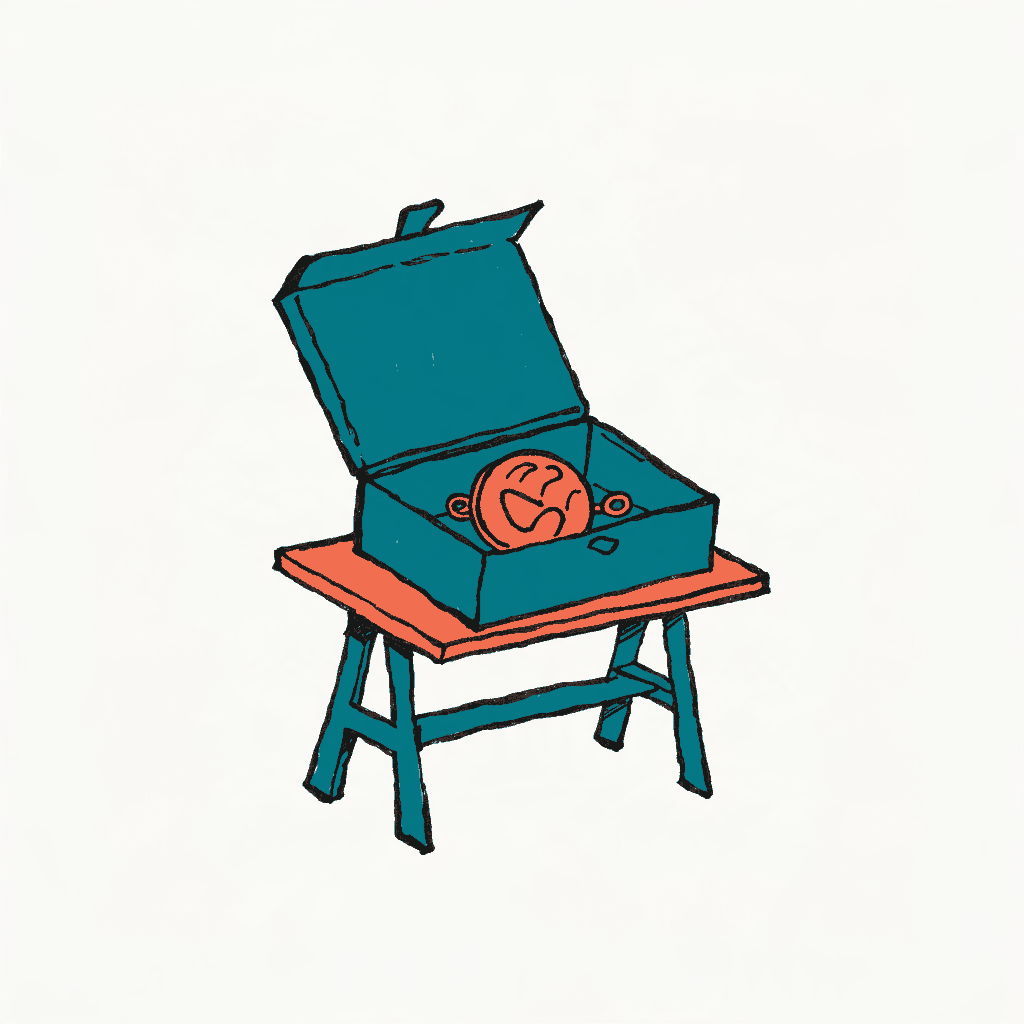 A campaign badge box on a trestle table containing only one design