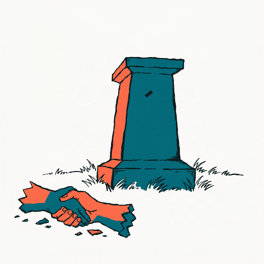An empty stone statue plinth in a park with a broken stone handshake sculpture lying on the grass beside it