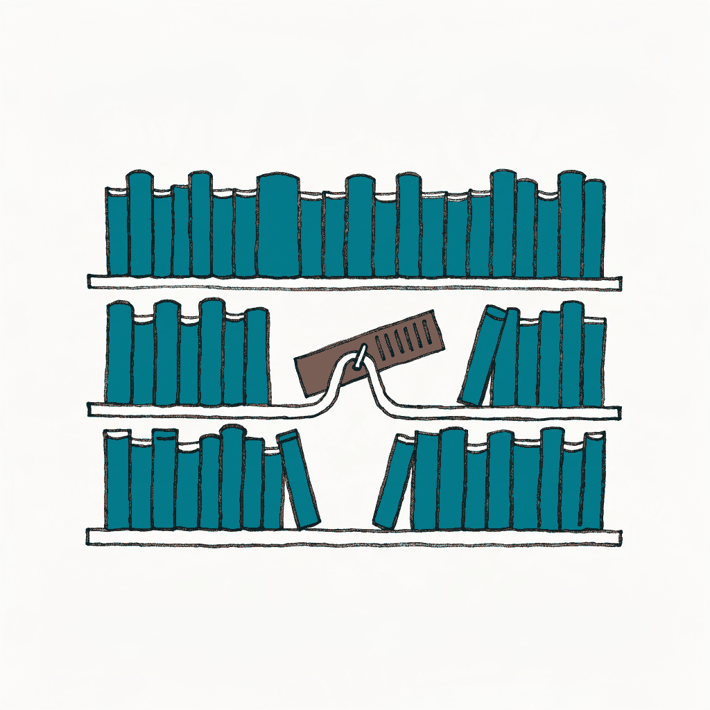A library shelf with a gap in the books and an invoice spiked on a bill hook