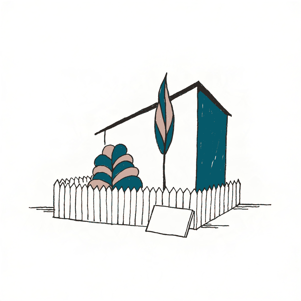 A suburban garden fence with a vast windowless grey shed rising beyond it and a blank placard leaning on the fence