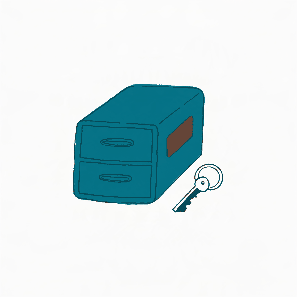 A filing cabinet with a rental sticker on the front and a key on a ring beside it