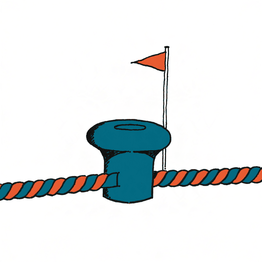 A harbour bollard with a mooring rope cut clean through and a pennant on a pole behind it