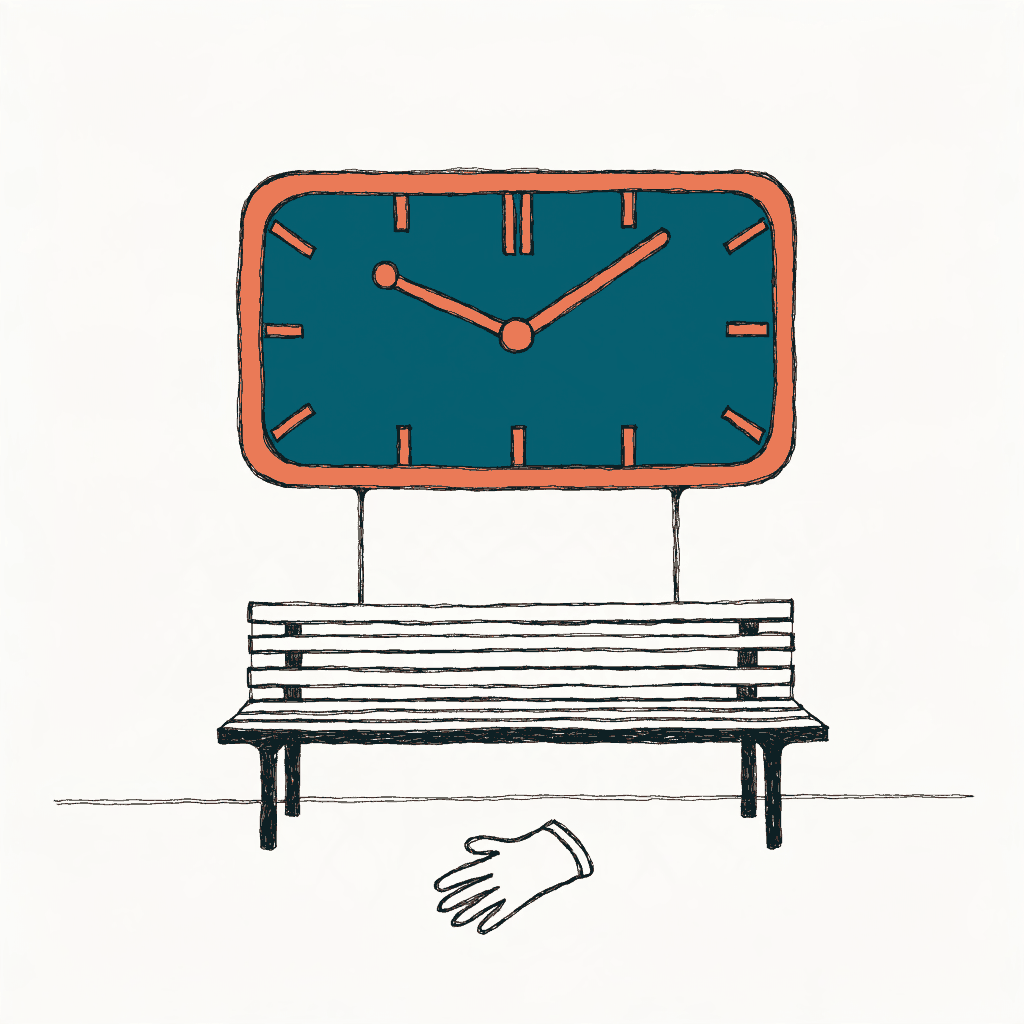 An empty station platform bench under a departures clock with a dropped glove beneath it