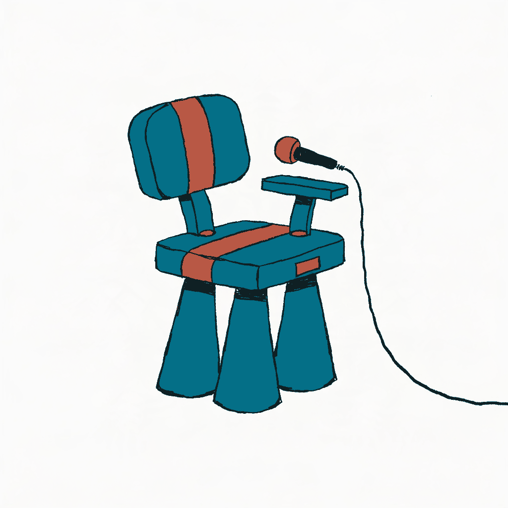 A television studio chair with a clip on microphone still attached, its cable running out of frame