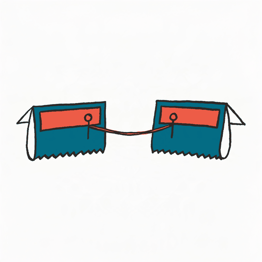 Two newspaper clippings pinned side by side with a length of red string stretched between them