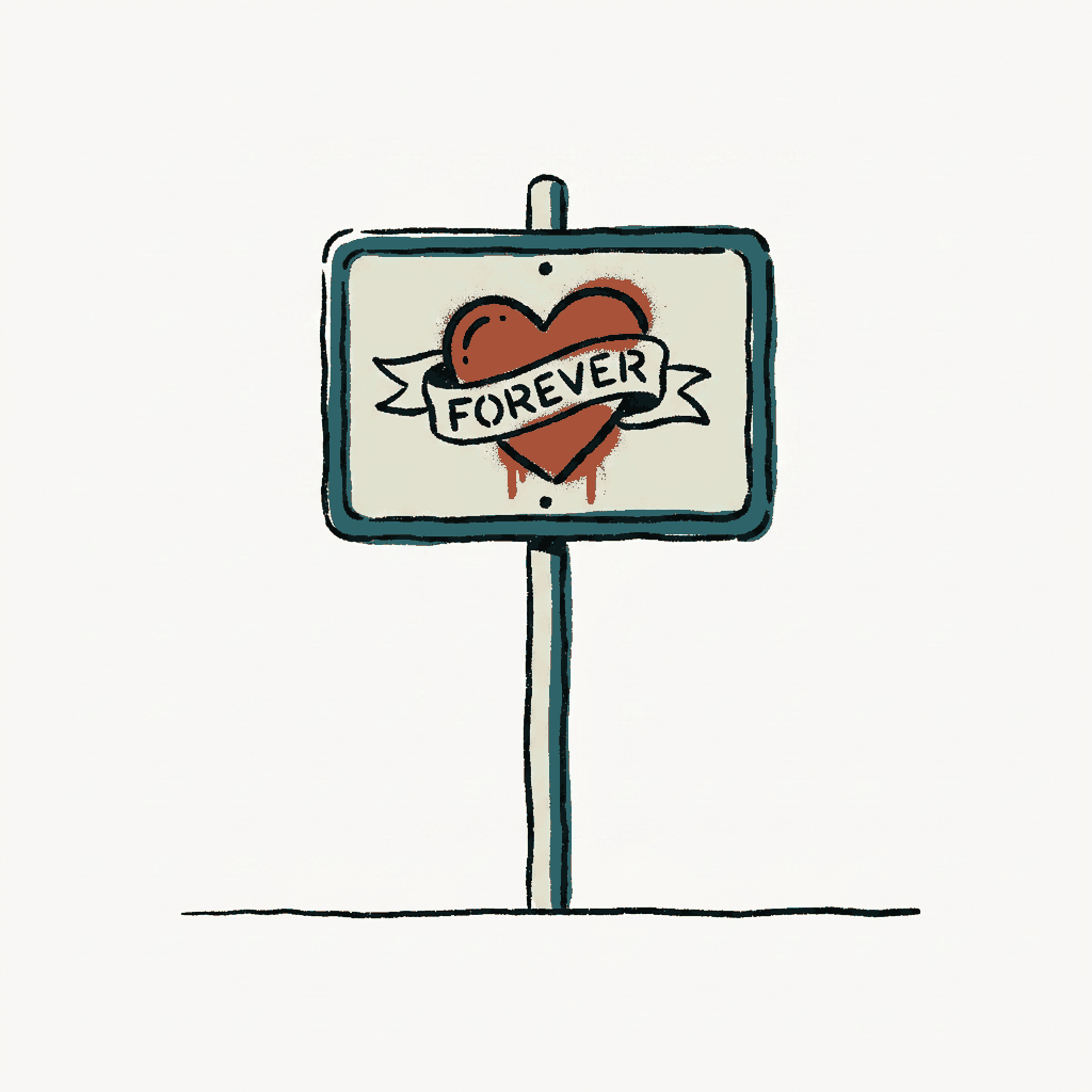 A neighborhood street sign with a small tattoo-flash design stenciled crudely across its face