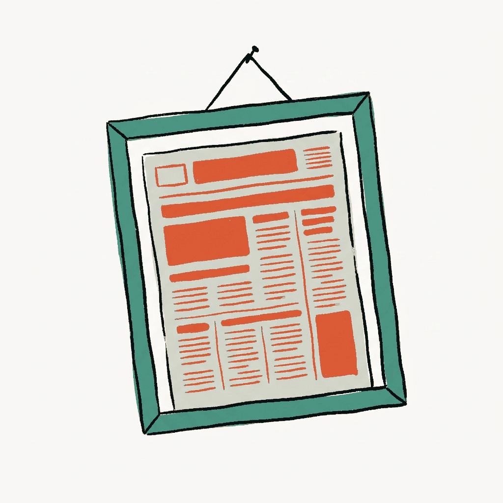 A single framed newspaper clipping hung crookedly on an otherwise bare wall