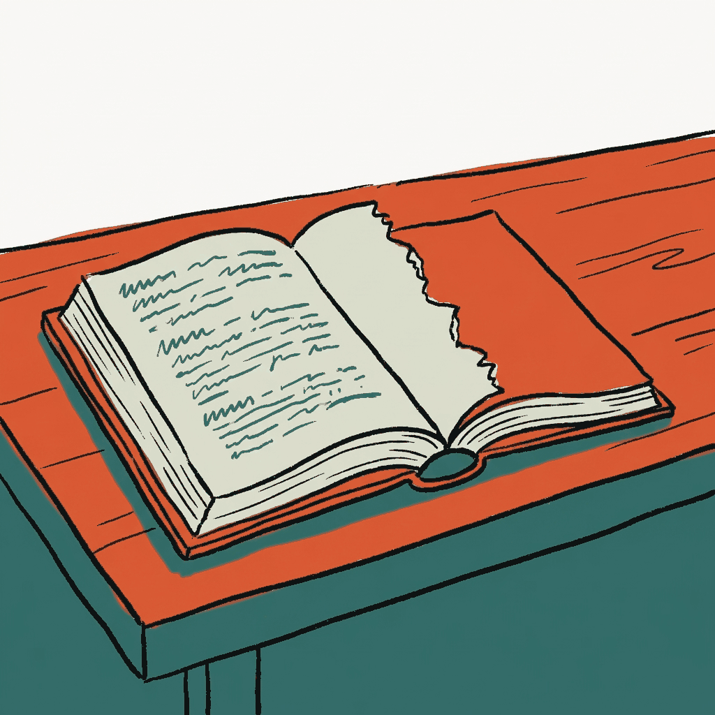 A dictionary lying open on a table with one entire page torn cleanly out