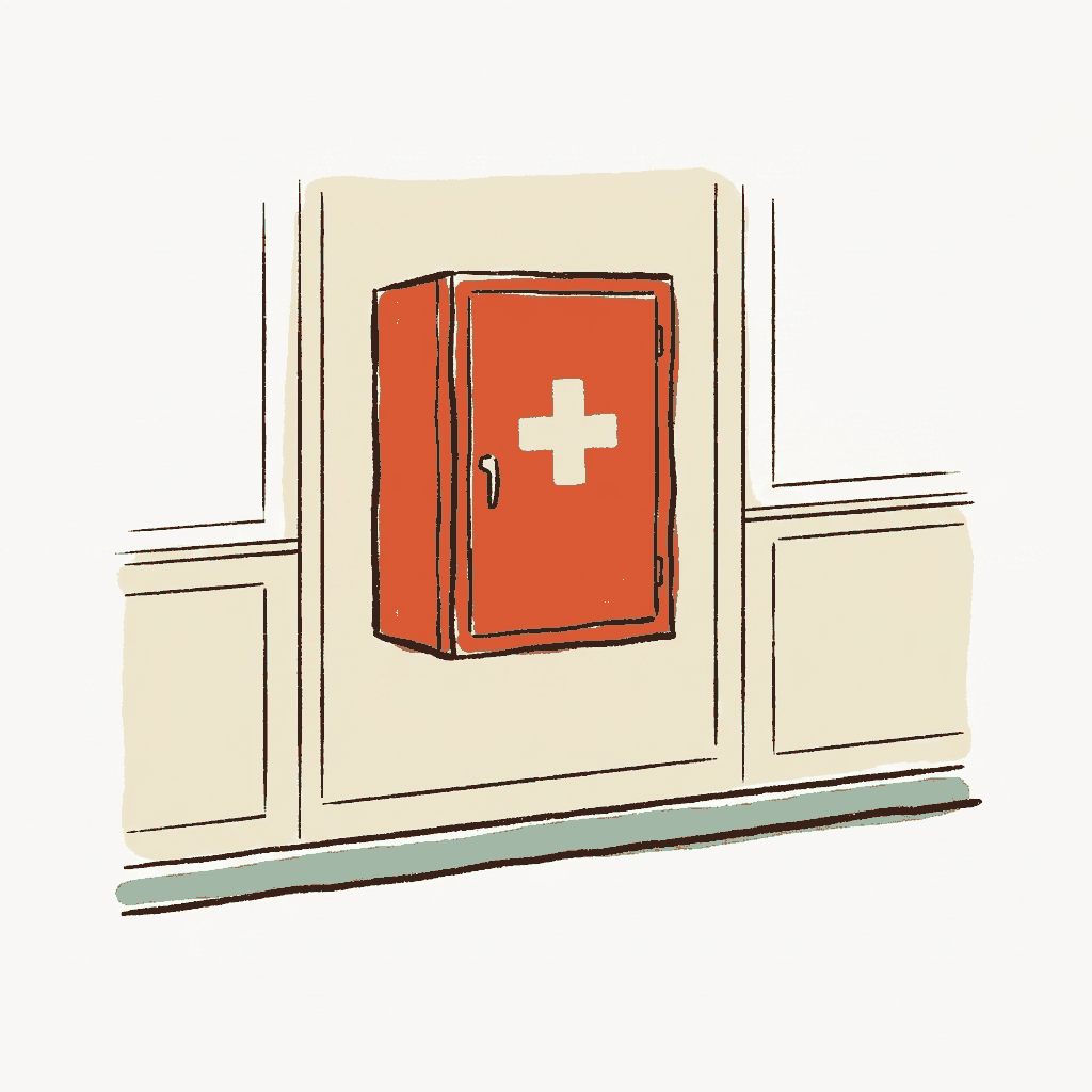 A school hallway locker replaced by a small first-aid cabinet
