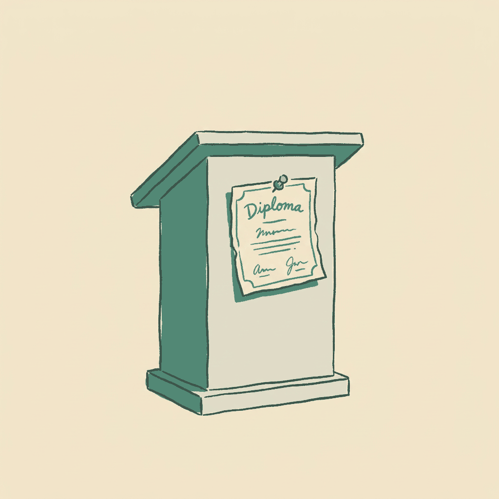 An empty university lecture podium with a torn diploma pinned to it