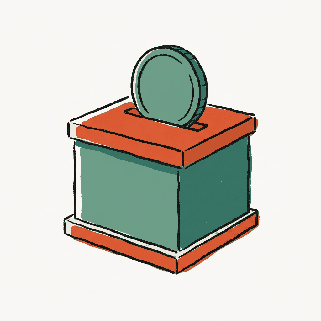 A ballot box with a large coin wedged half into its slot