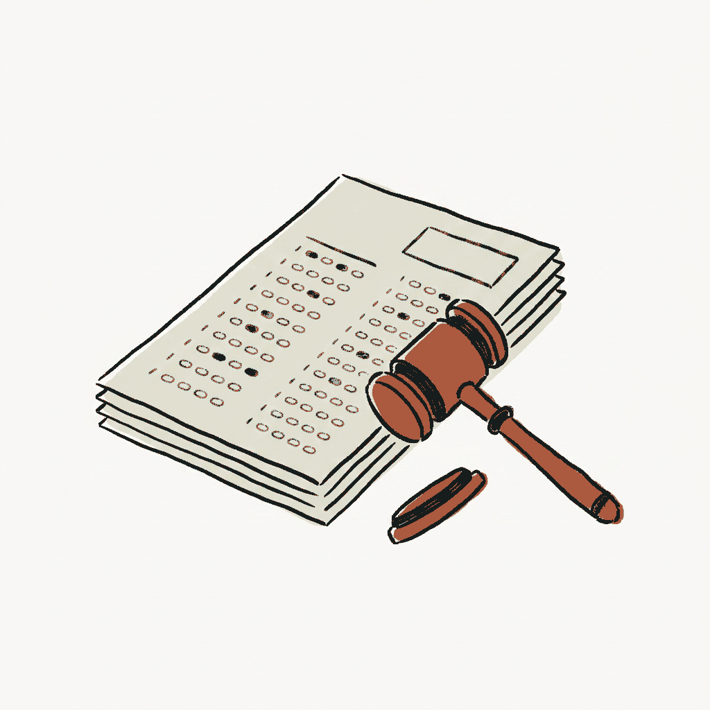 A stack of blank scantron test sheets beside a small courtroom gavel