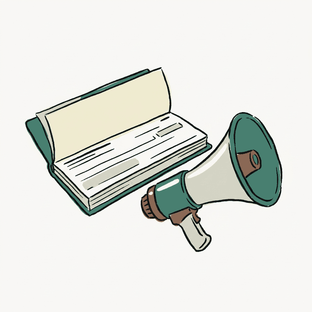 An open checkbook lying beside a megaphone on its side