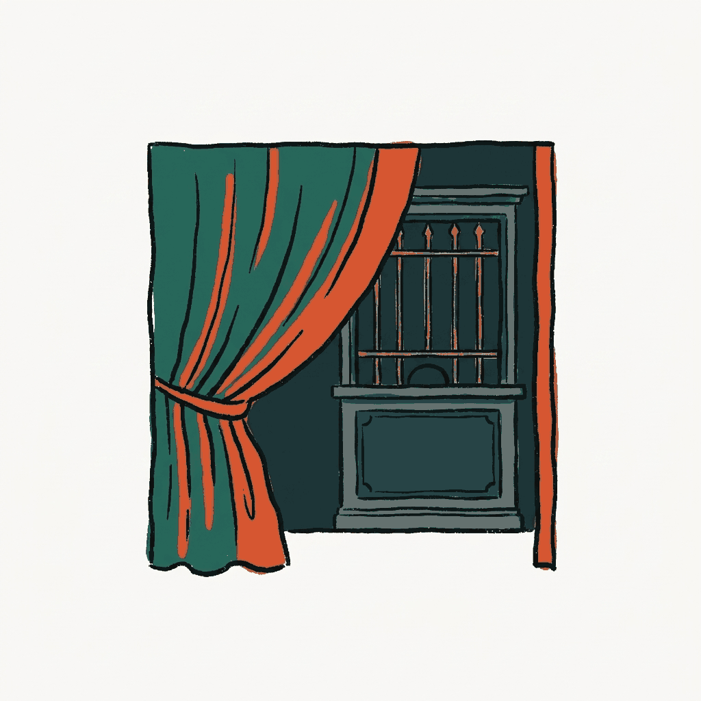 A velvet theater curtain half drawn, with a ticket booth window dark behind it