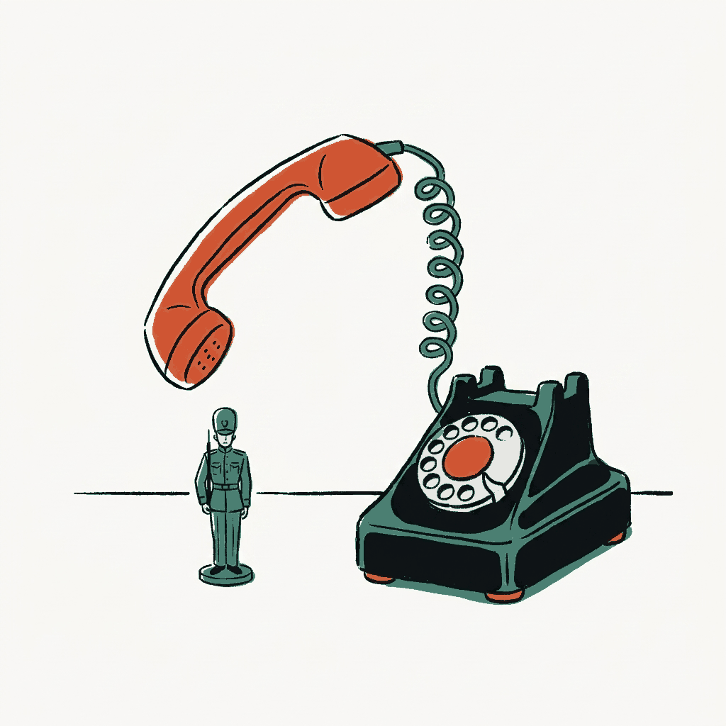 A rotary telephone handset dangling off its hook above a small toy soldier standing at attention