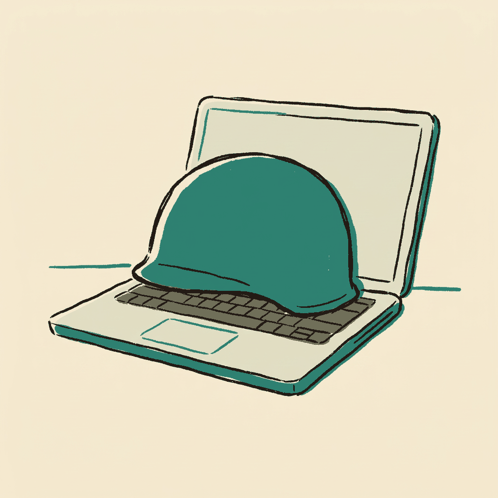 A military helmet resting on top of a laptop keyboard