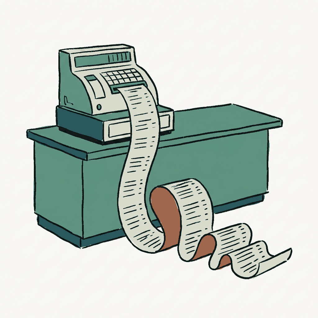 A grocery receipt curling out of a till, far longer than the counter it sits on