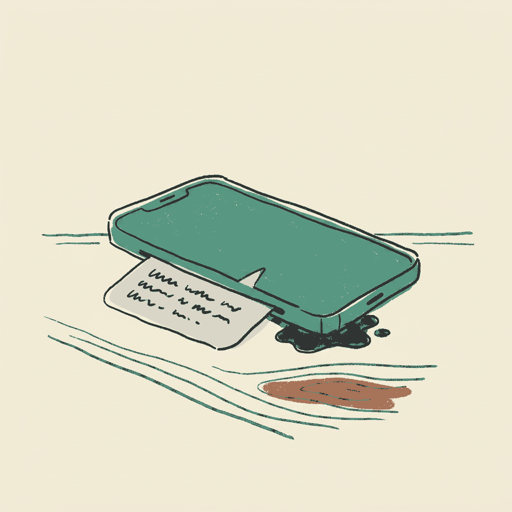 A phone screen showing a text message bubble, face down on a wooden table