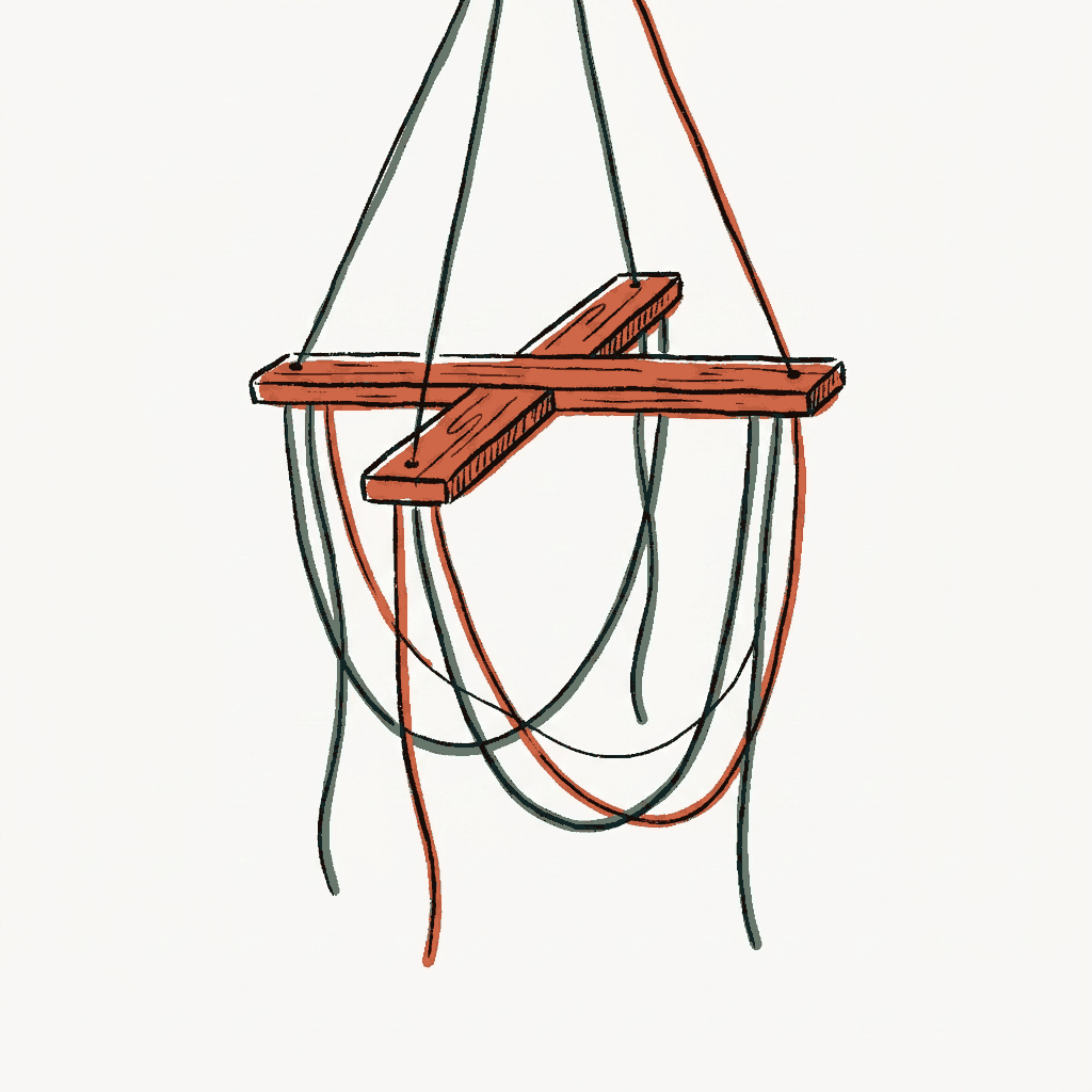 A puppet control bar hanging from the ceiling with its strings slack, no puppet attached beneath it