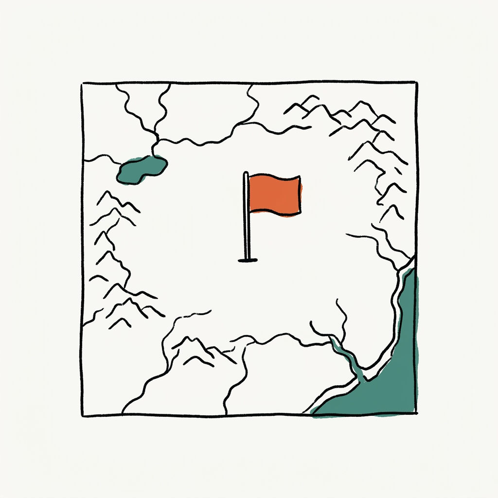 A single red flag planted in the middle of a large blank map