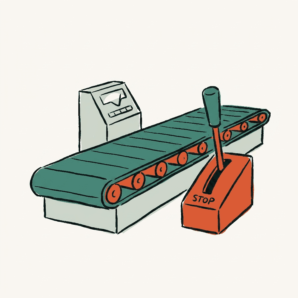 A stalled conveyor belt beside an unattended control lever