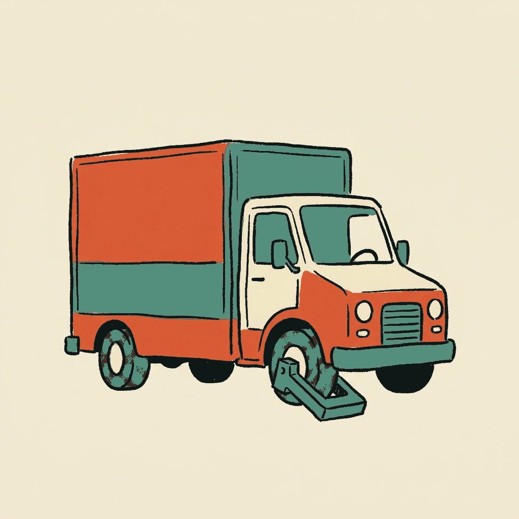 A single parked delivery truck with a wheel clamp locked on its front tire, no driver in sight