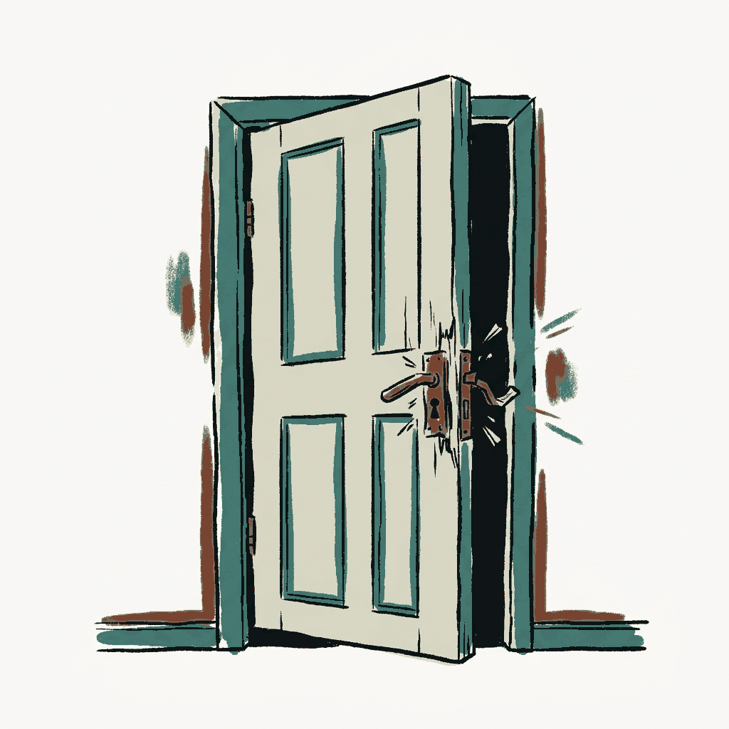 A door with its lock forced, hanging open a crack