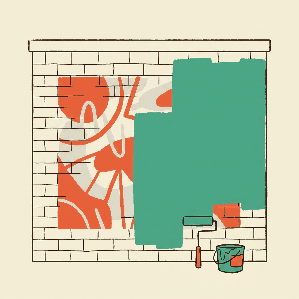 A wall carrying a fresh mural, half of it just painted over in one flat color