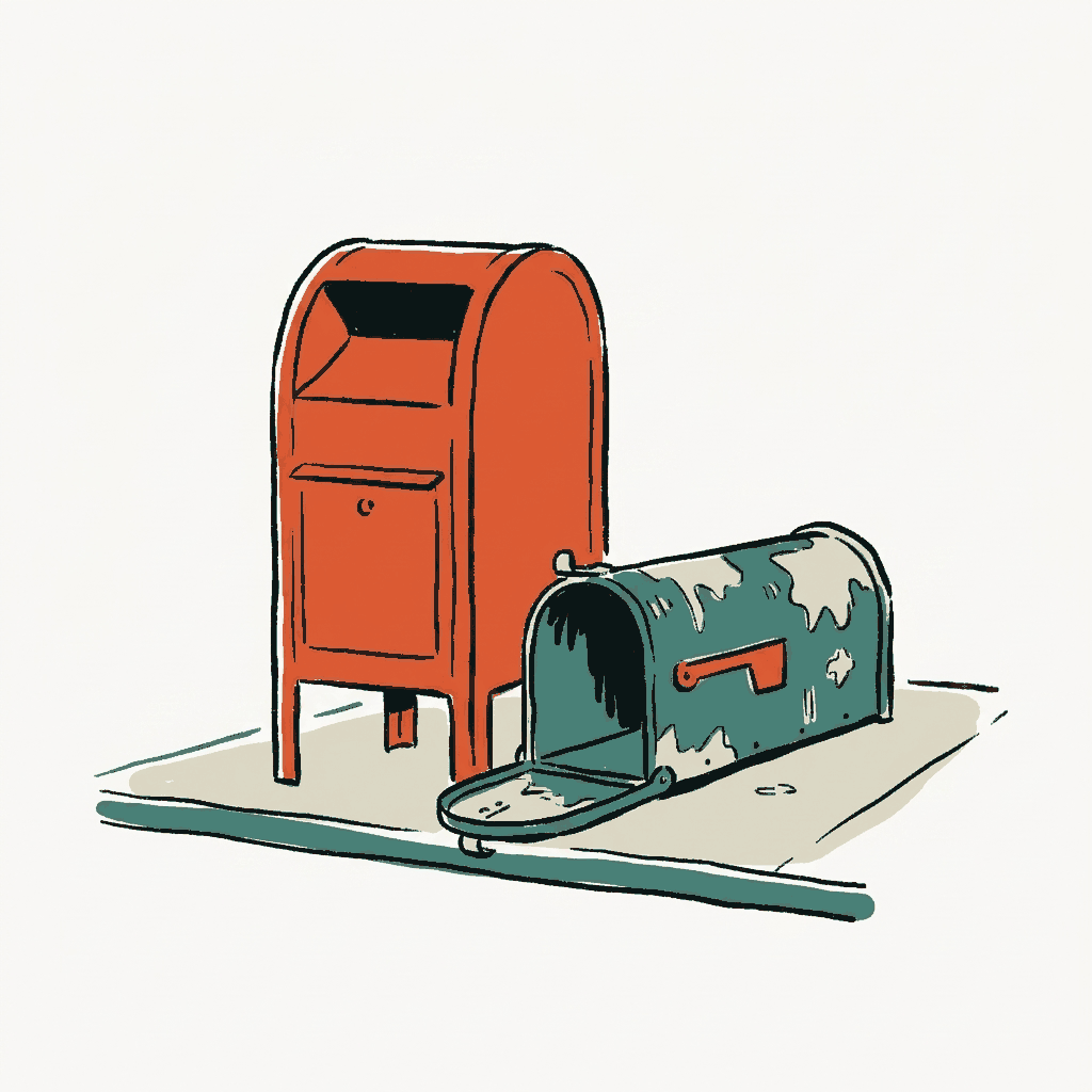 A single new mailbox standing beside an older, weathered one just pulled up and left on the ground
