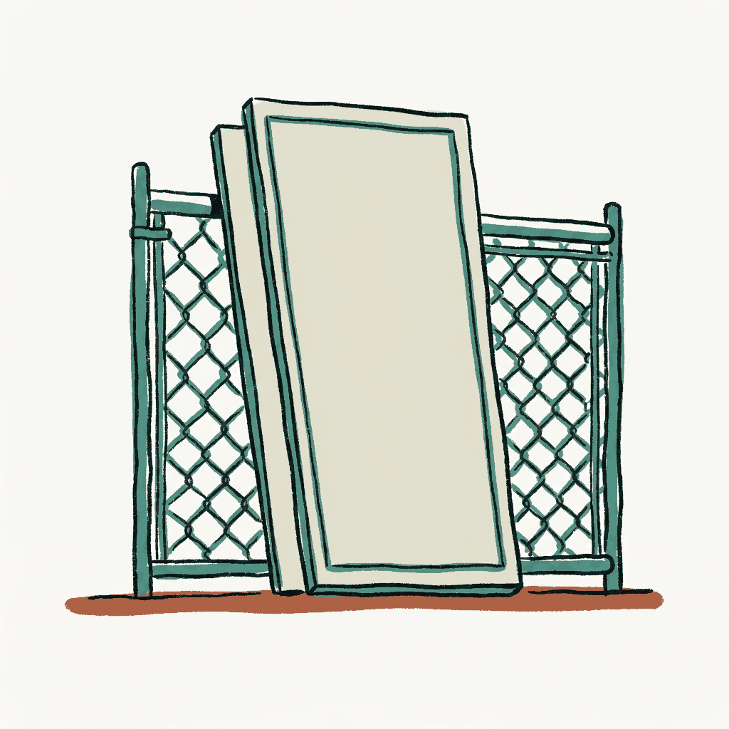 A protest placard blank on both sides, leaning against a chain-link fence