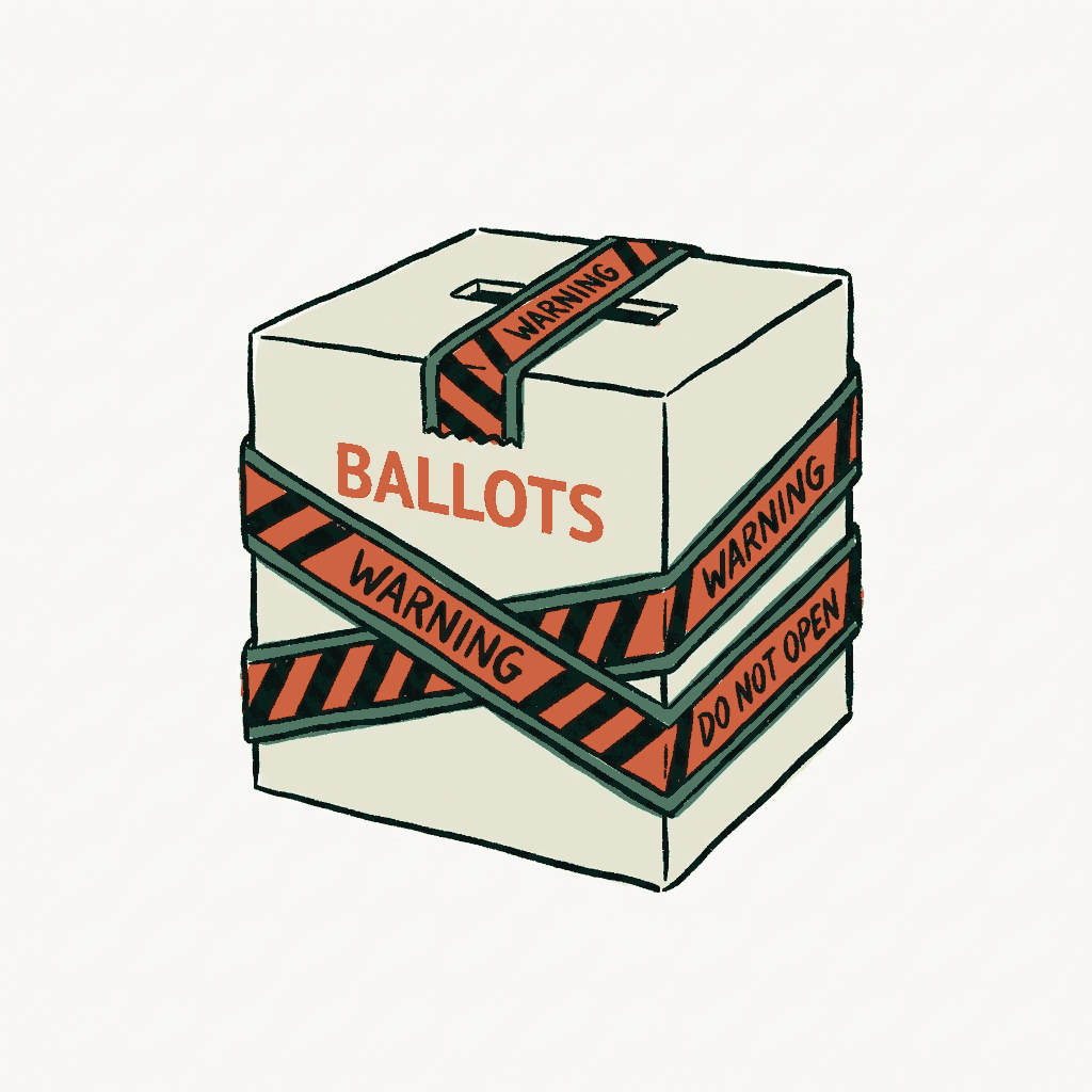 A ballot box wrapped in warning tape