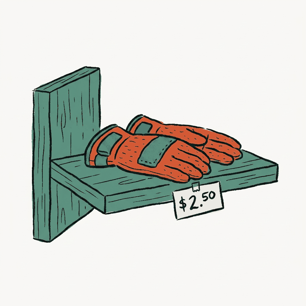 A pair of heavy industrial gloves on a store shelf with a price tag