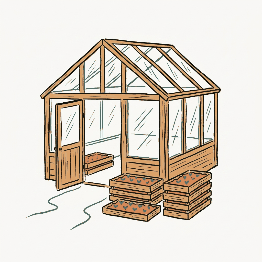 A greenhouse with its seed trays carried out and left by the door