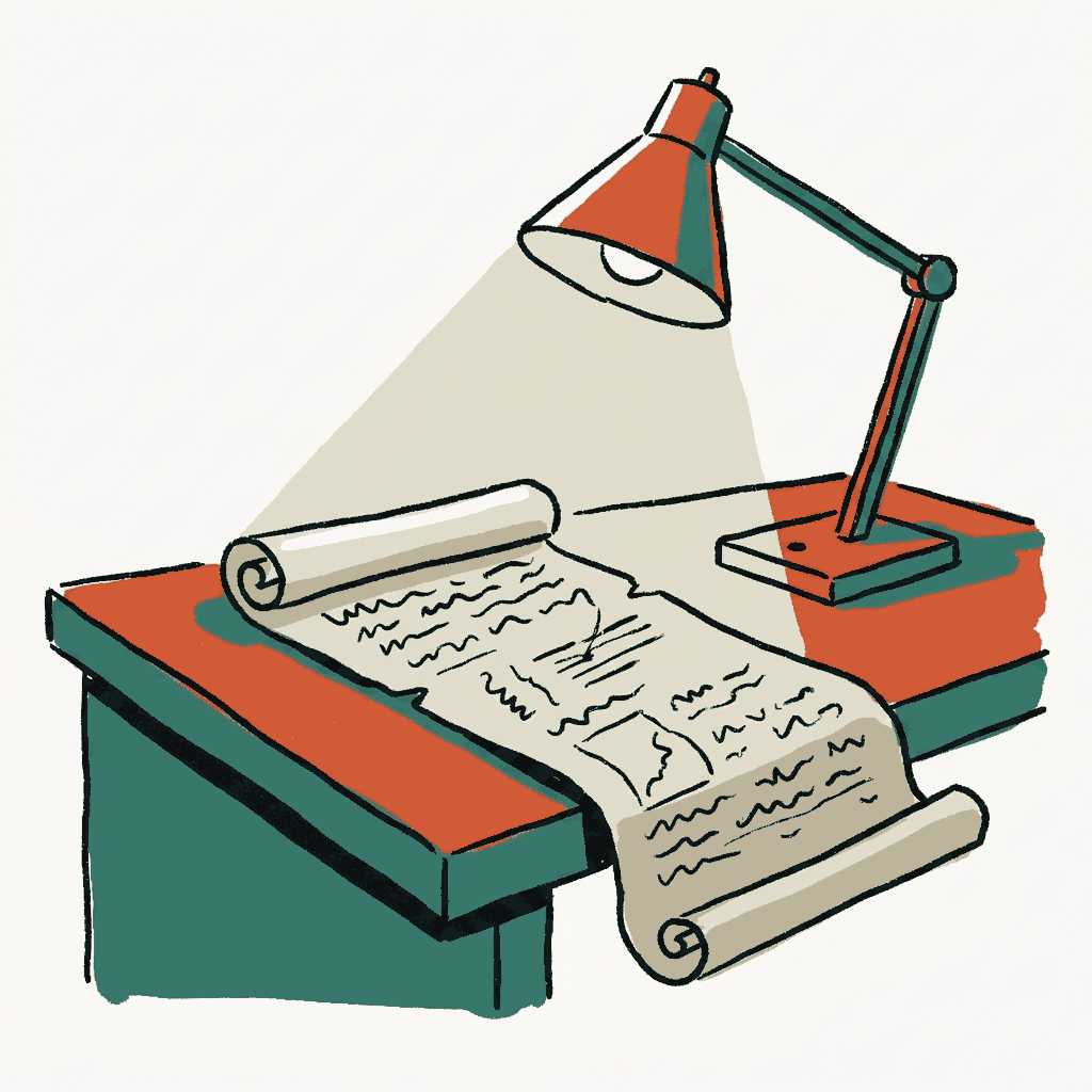 A medieval scroll unrolled on a desk under a modern desk lamp