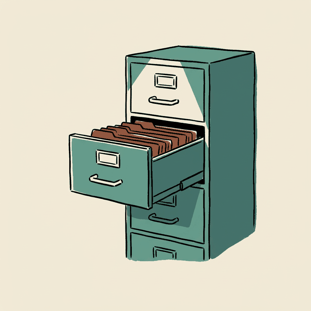 One filing cabinet drawer pulled out and spotlit while the others sit in shadow
